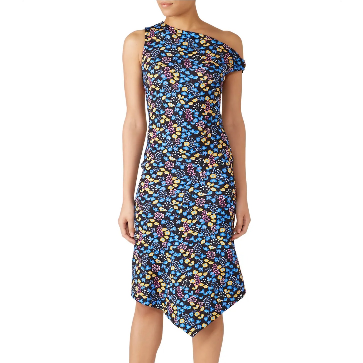Atlein Off Shoulder Twist Dress Womens L Fr 40 Us 8 Floral Sleeveless Asymmetric